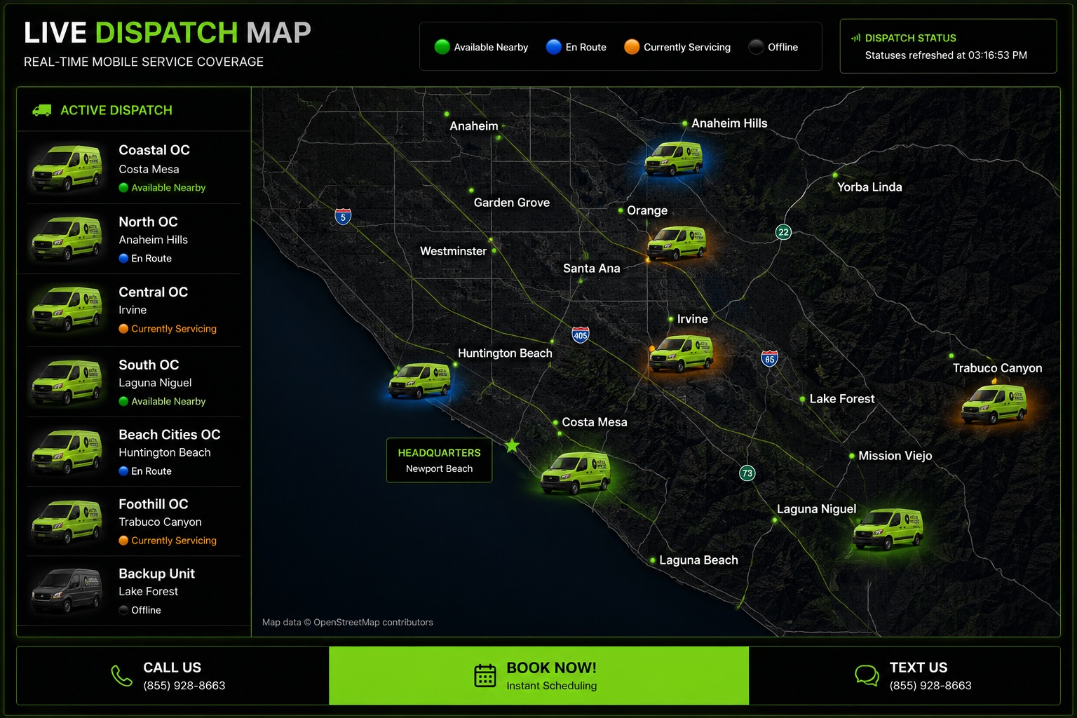 The AutoMedic Orange County service coverage and active dispatch display