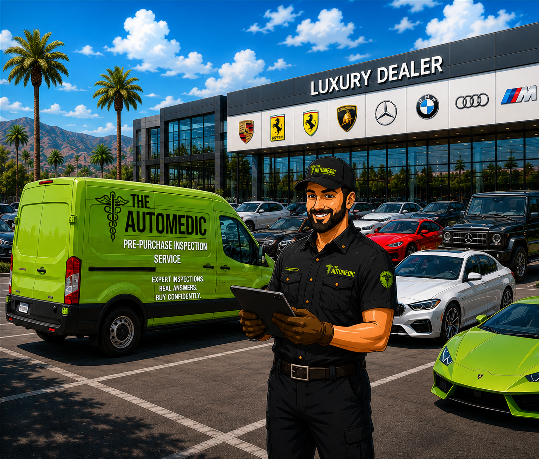 AutoMedic technician and service vehicle at a luxury dealership